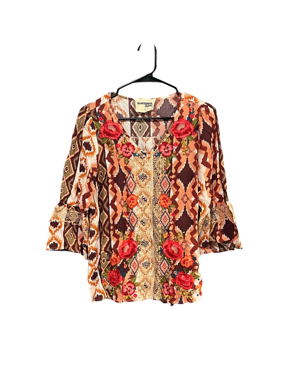 Savanna Jane Boho Embroidered Aztec Floral Blouse S 3/4 Sleeve Southwest